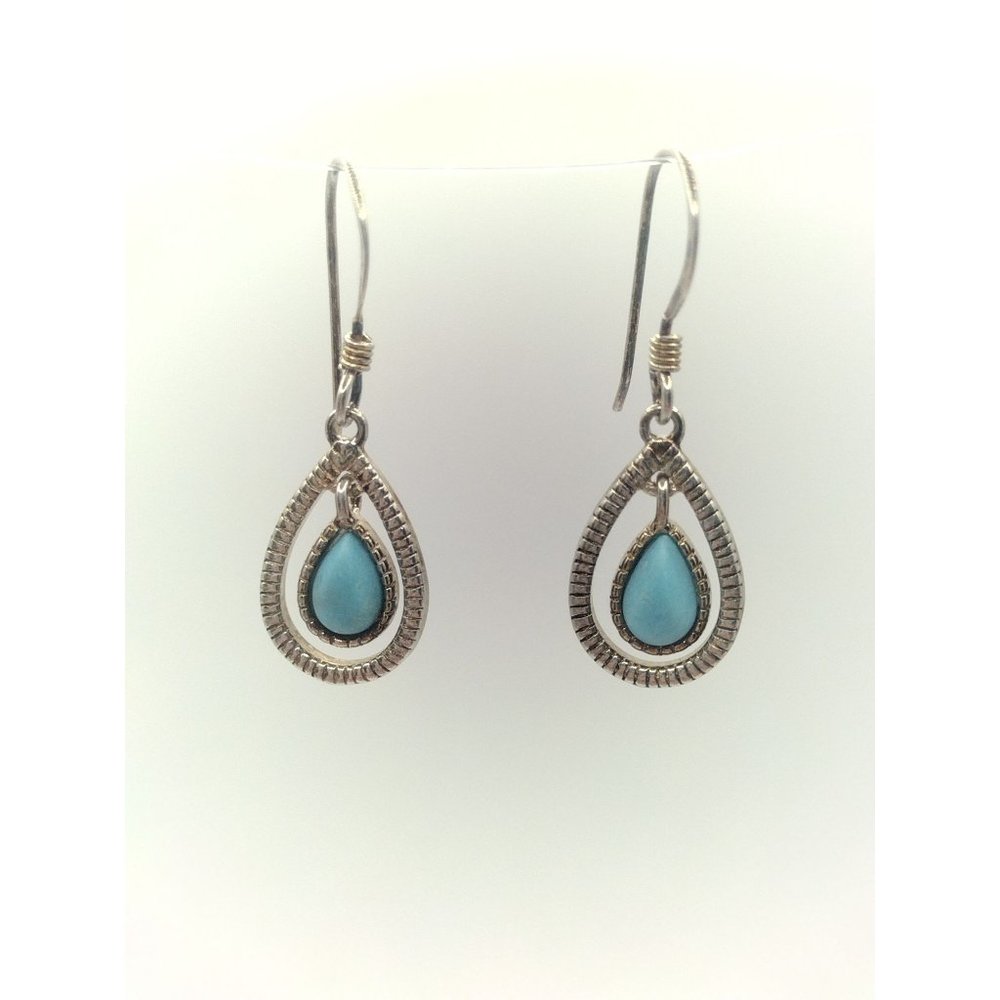 Sterling Silver 925 Stamped Turquoise Tear Drop Dangle Earrings